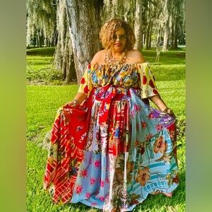 Off-Shoulder Floral Patchwork Maxi Dress